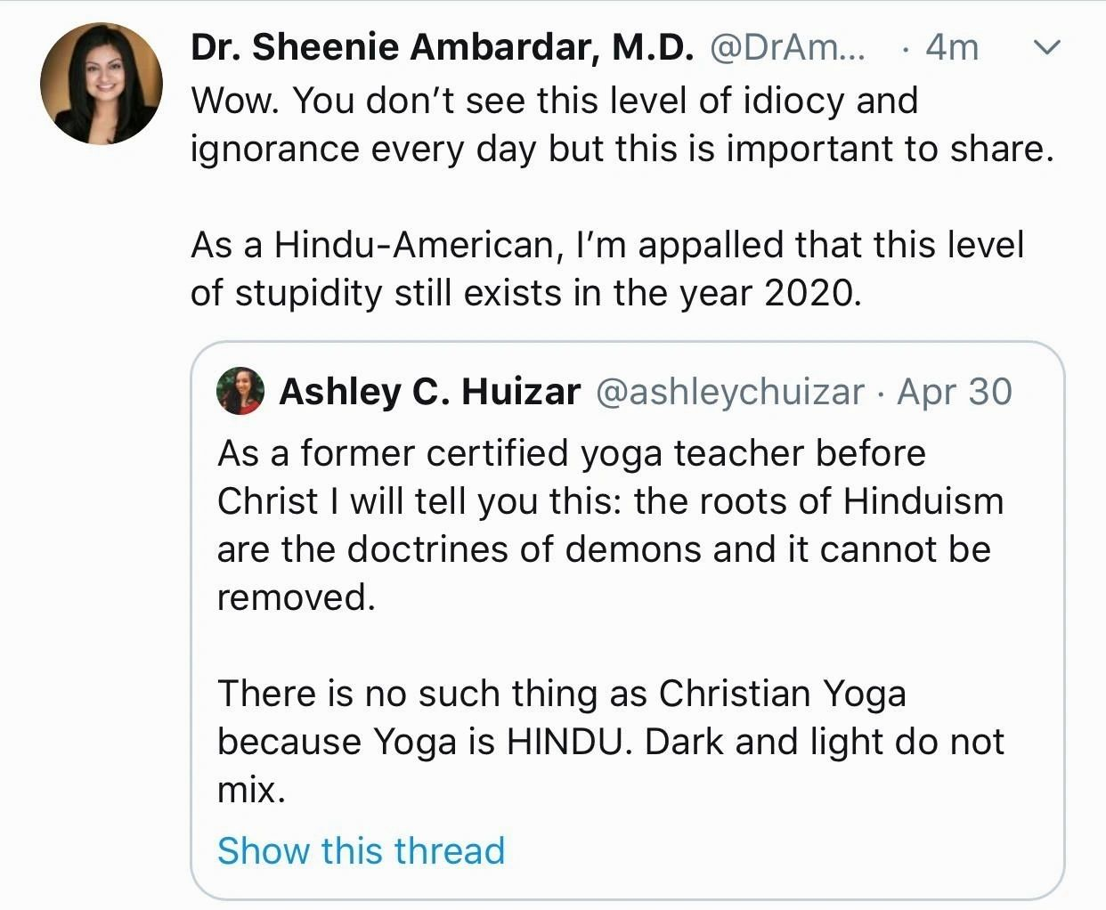 Twitter screenshot of a yoga teacher insulting Hinduism and connecting yoga to Christianity