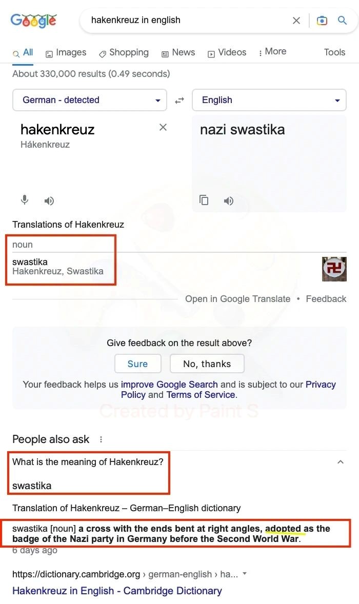 Google translation equates HakenKreuz to Swastika